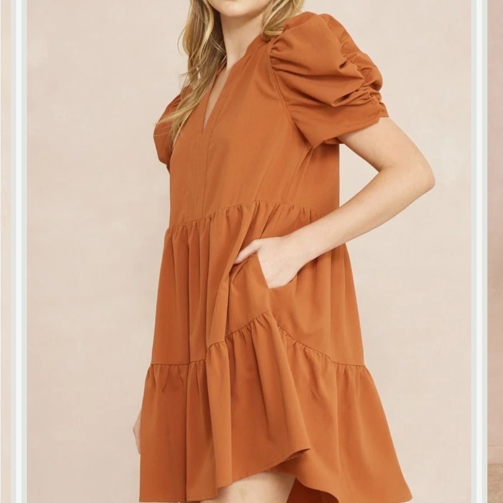 Entro V-Neck Tiered Puff Sleeve Mini Dress With Pockets - Picture 13 of 16